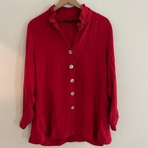 John Mark Wired Ruffled Collar Red Button Down Tunic Blouse Size Large